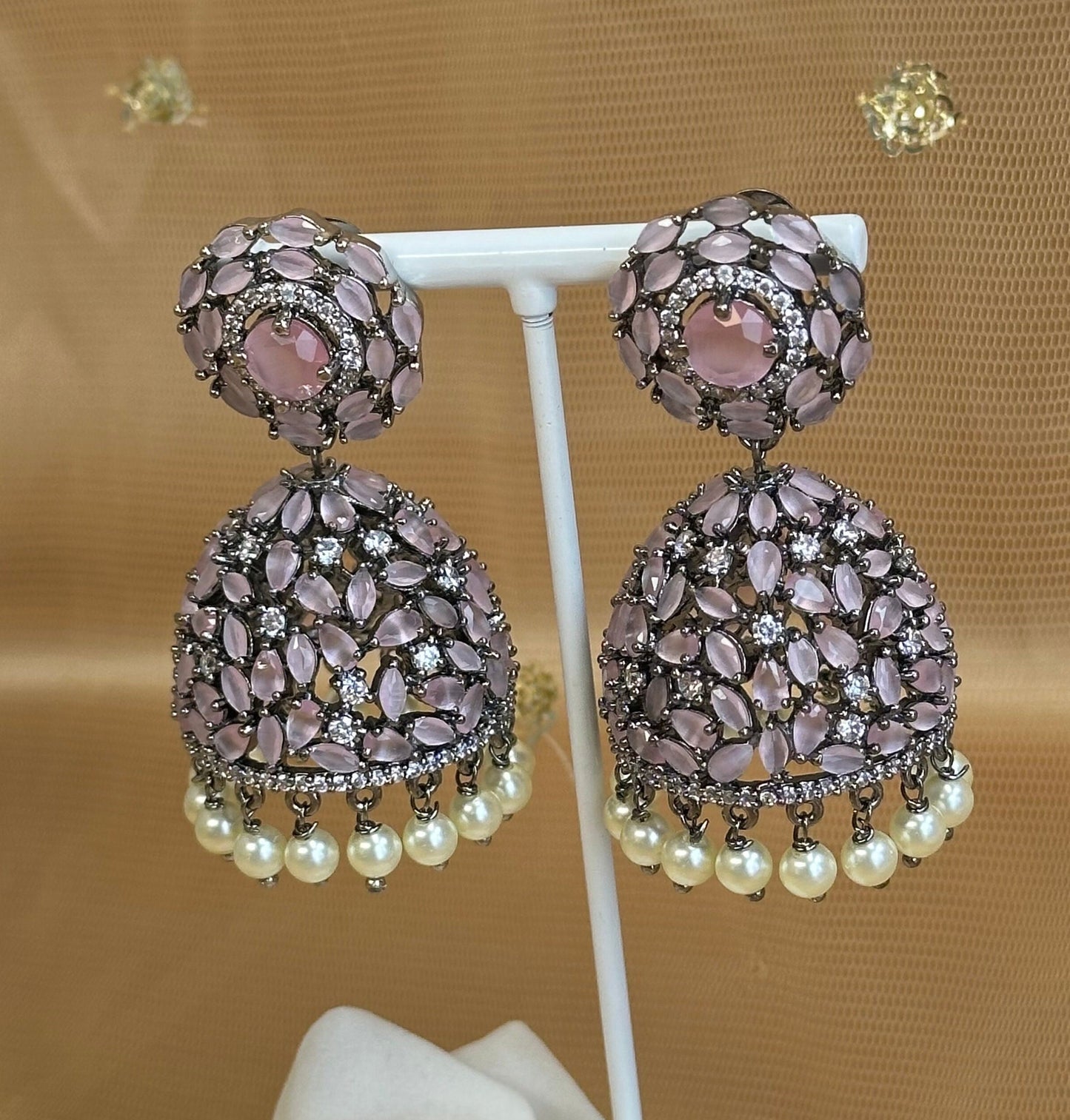 Pink Diamante Medium Jhumka Earrings/Jhumiks/Fashion Jewellery/ Gift for Women/Indian/Valentines gifts