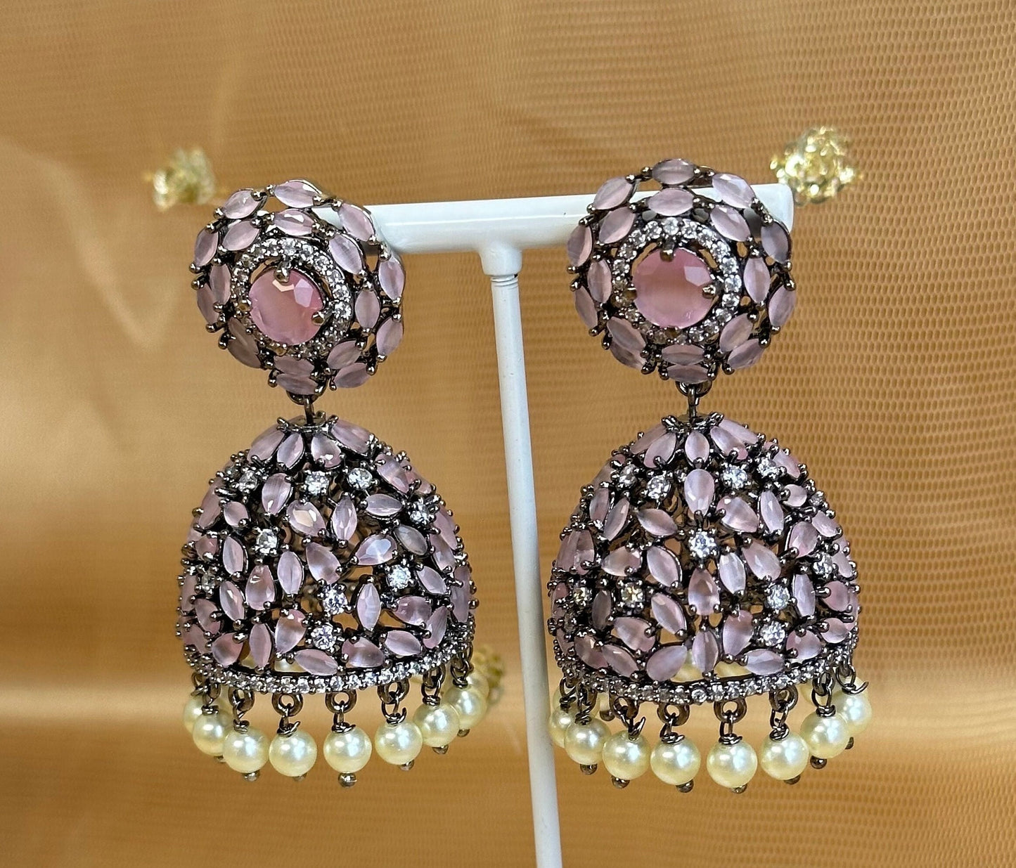 Pink Diamante Medium Jhumka Earrings/Jhumiks/Fashion Jewellery/ Gift for Women/Indian/Valentines gifts