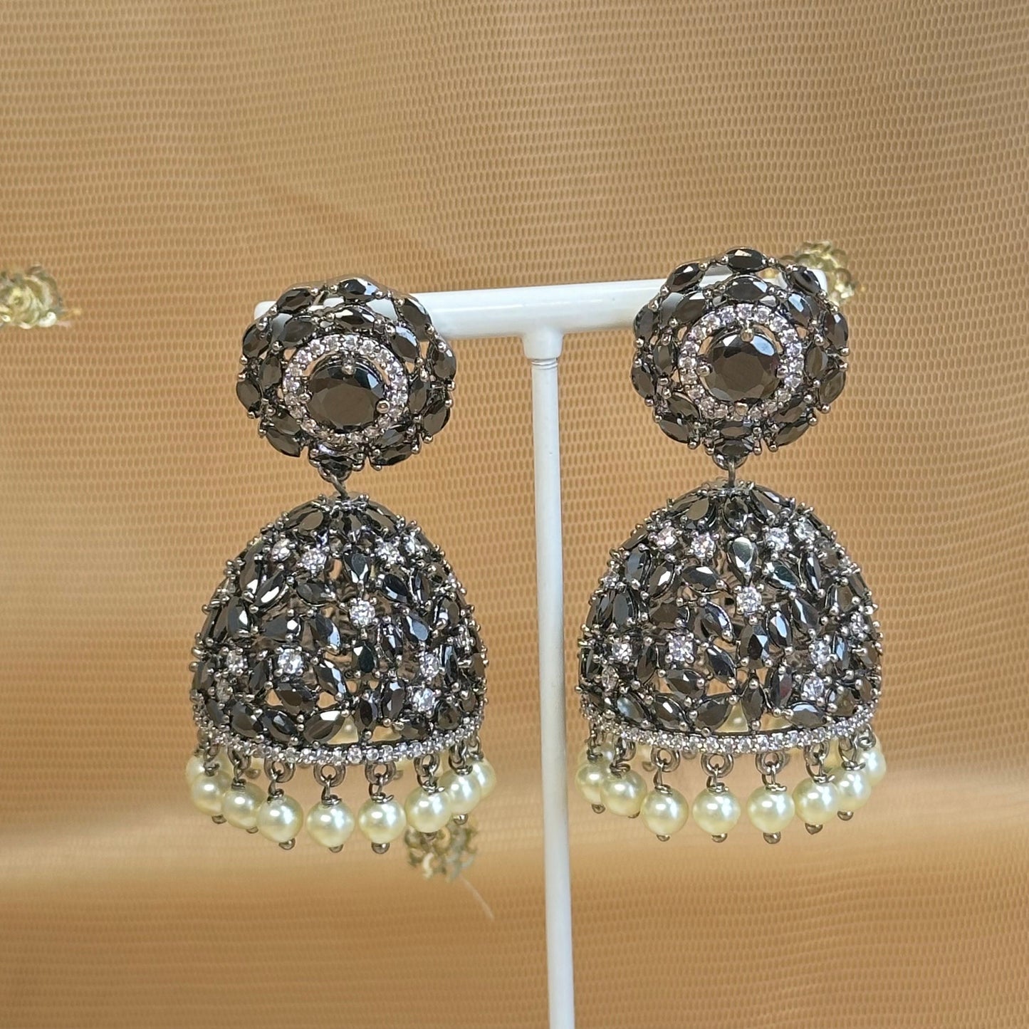 Black Diamante Medium Jhumka Earrings
