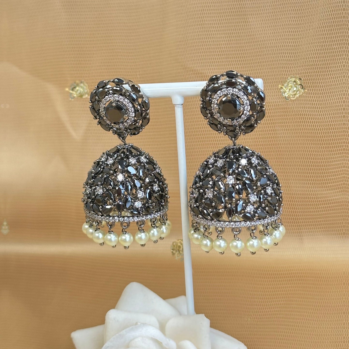 Black Diamante Medium Jhumka Earrings