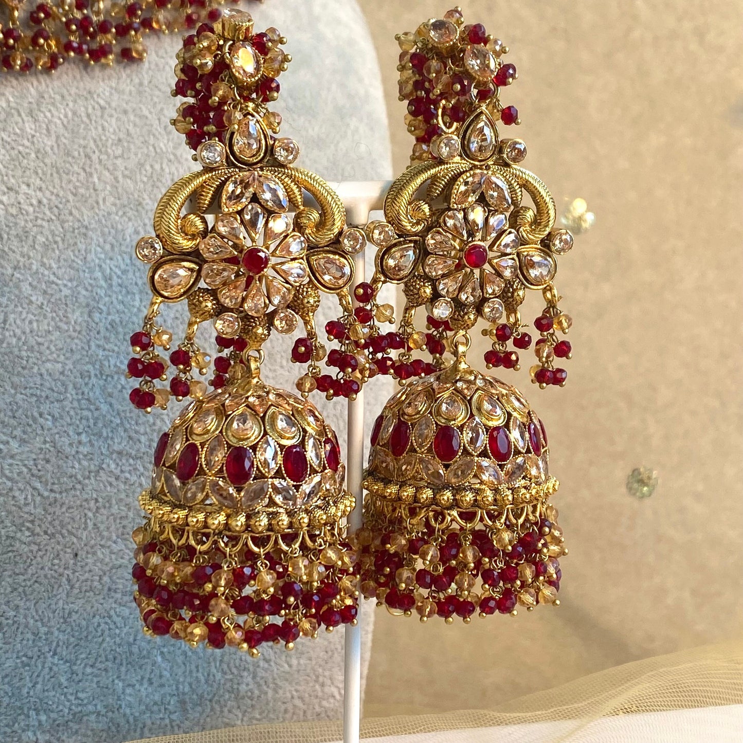 Gold Plated Maroon Bridal Choker Set- With Choker, Jhumka Earring, Tikka, Jhumar/ Indian/ Pakistani Style/ With Jhumar