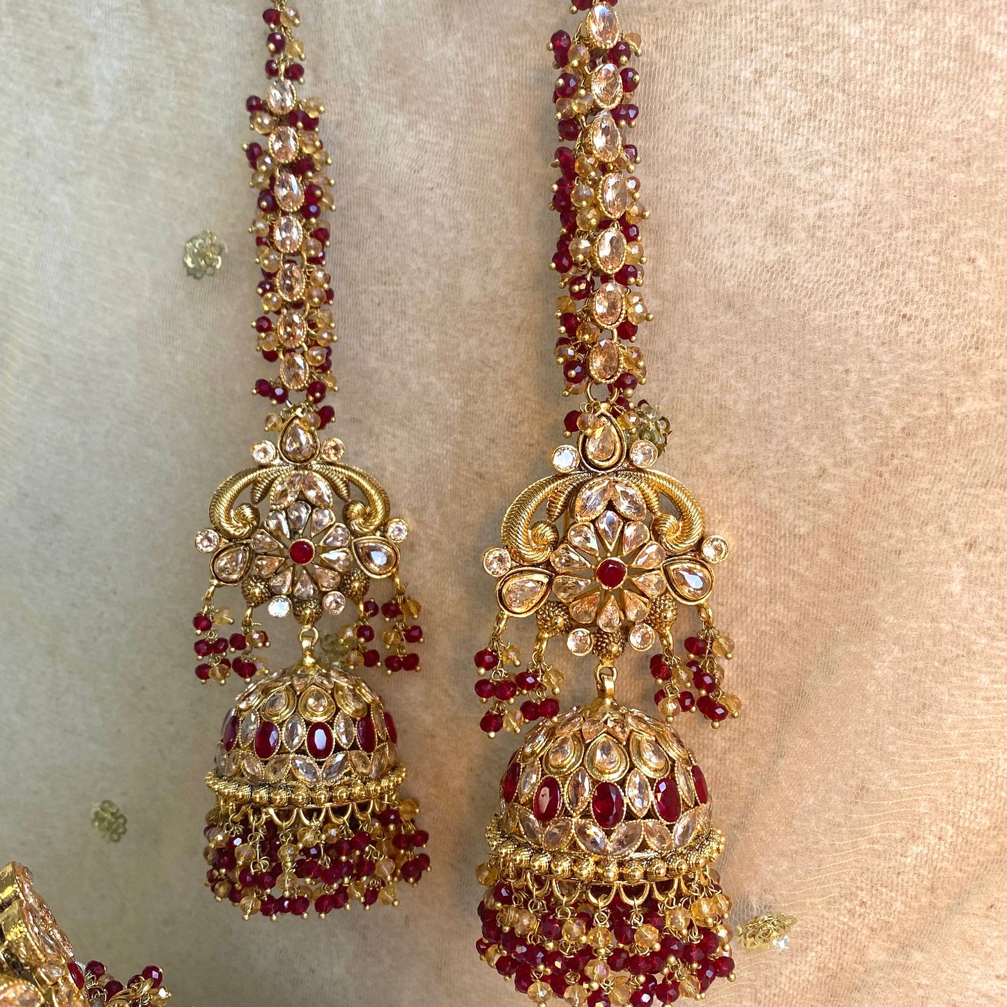 Gold Plated Maroon Bridal Choker Set- With Choker, Jhumka Earring, Tikka, Jhumar/ Indian/ Pakistani Style/ With Jhumar