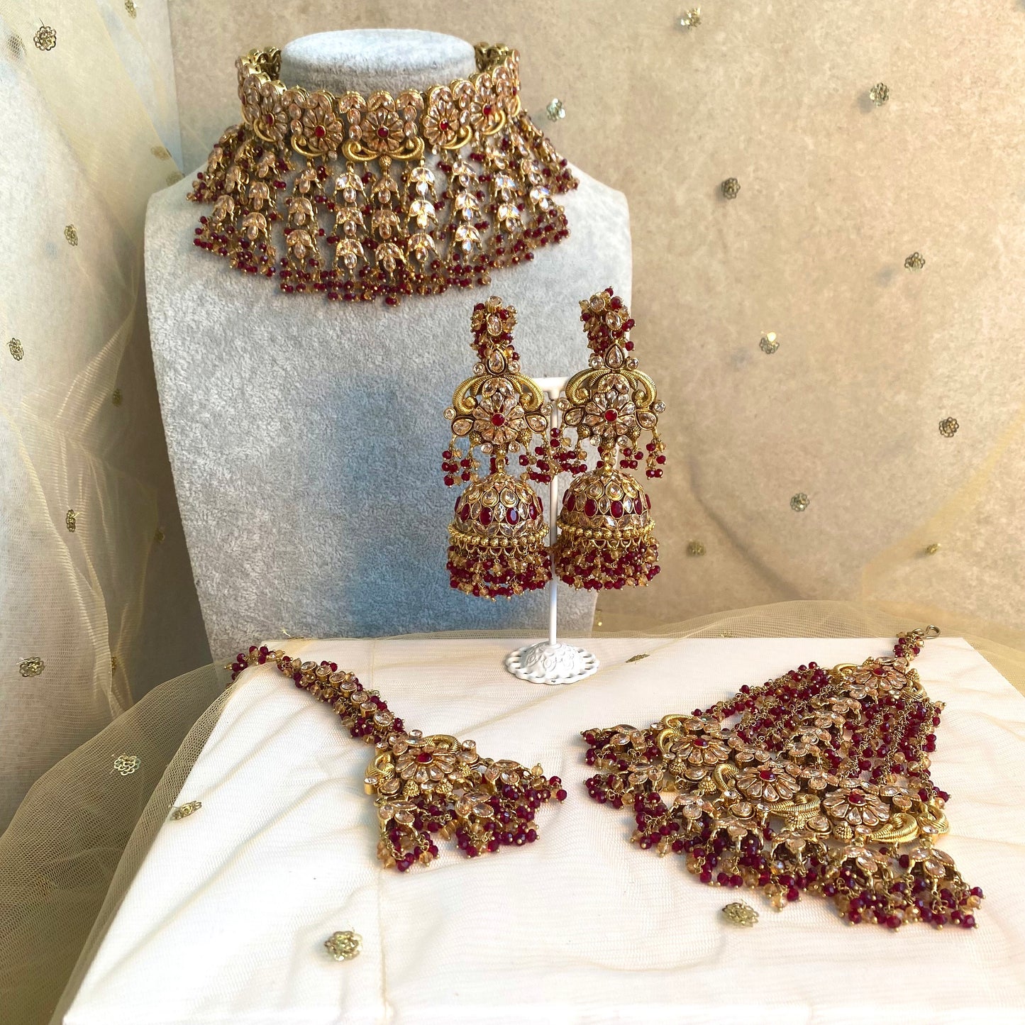 Gold Plated Maroon Bridal Choker Set- With Choker, Jhumka Earring, Tikka, Jhumar/ Indian/ Pakistani Style/ With Jhumar