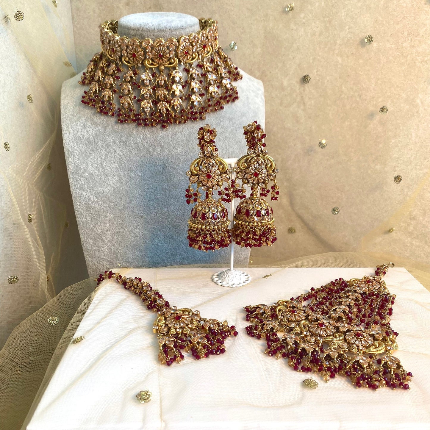 Gold Plated Maroon Bridal Choker Set- With Choker, Jhumka Earring, Tikka, Jhumar/ Indian/ Pakistani Style/ With Jhumar