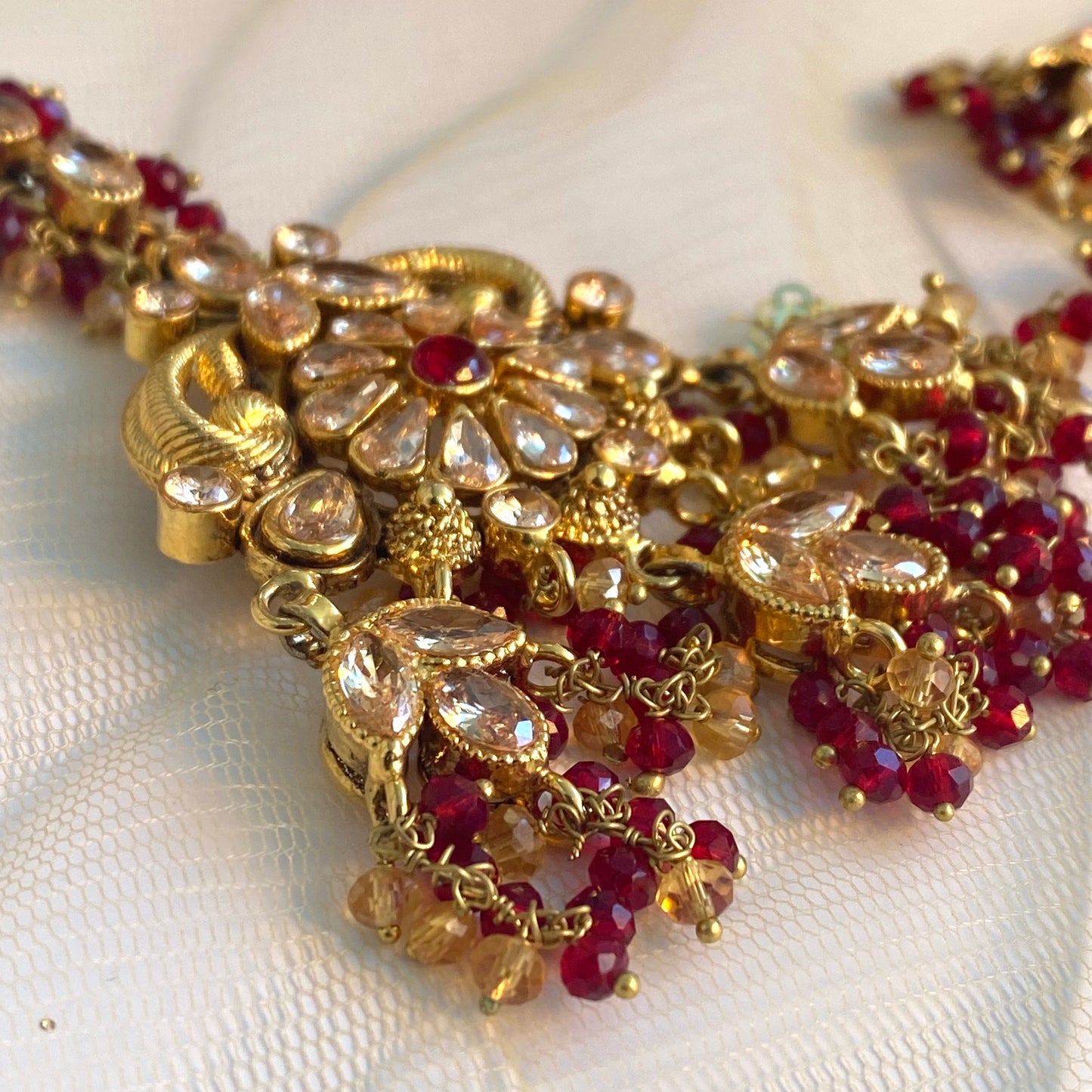 Gold Plated Maroon Bridal Choker Set- With Choker, Jhumka Earring, Tikka, Jhumar/ Indian/ Pakistani Style/ With Jhumar
