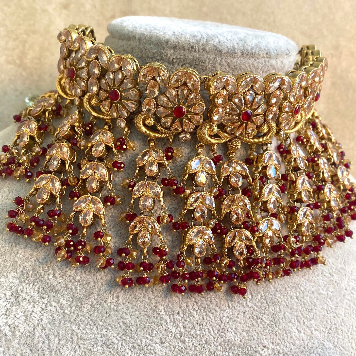 Gold Plated Maroon Bridal Choker Set- With Choker, Jhumka Earring, Tikka, Jhumar/ Indian/ Pakistani Style/ With Jhumar