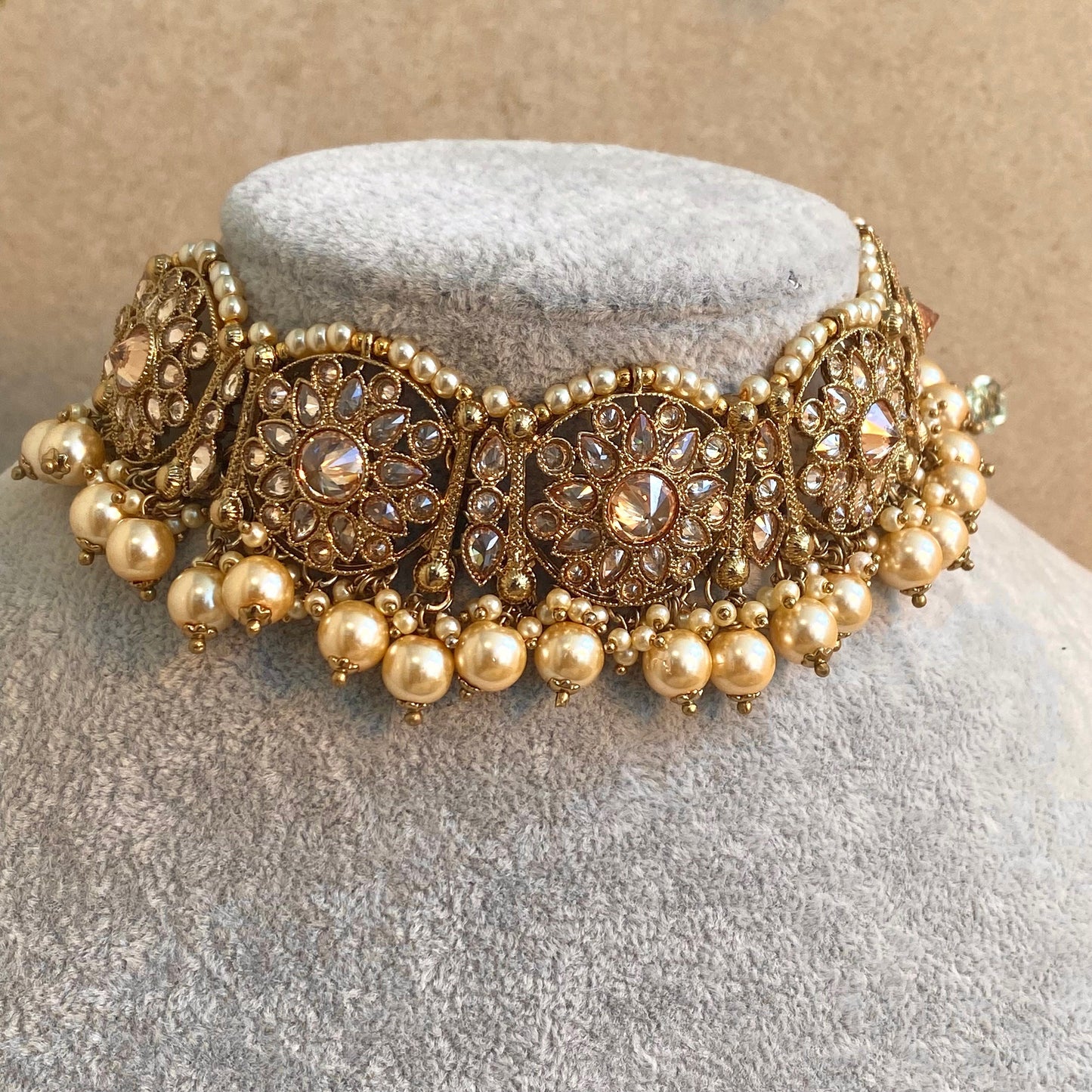 Gold/Pearl Bridal Set with Nose Ring Indian/ Pakistani Style/ Wedding/ Fashion Jewellery/ Necklace set