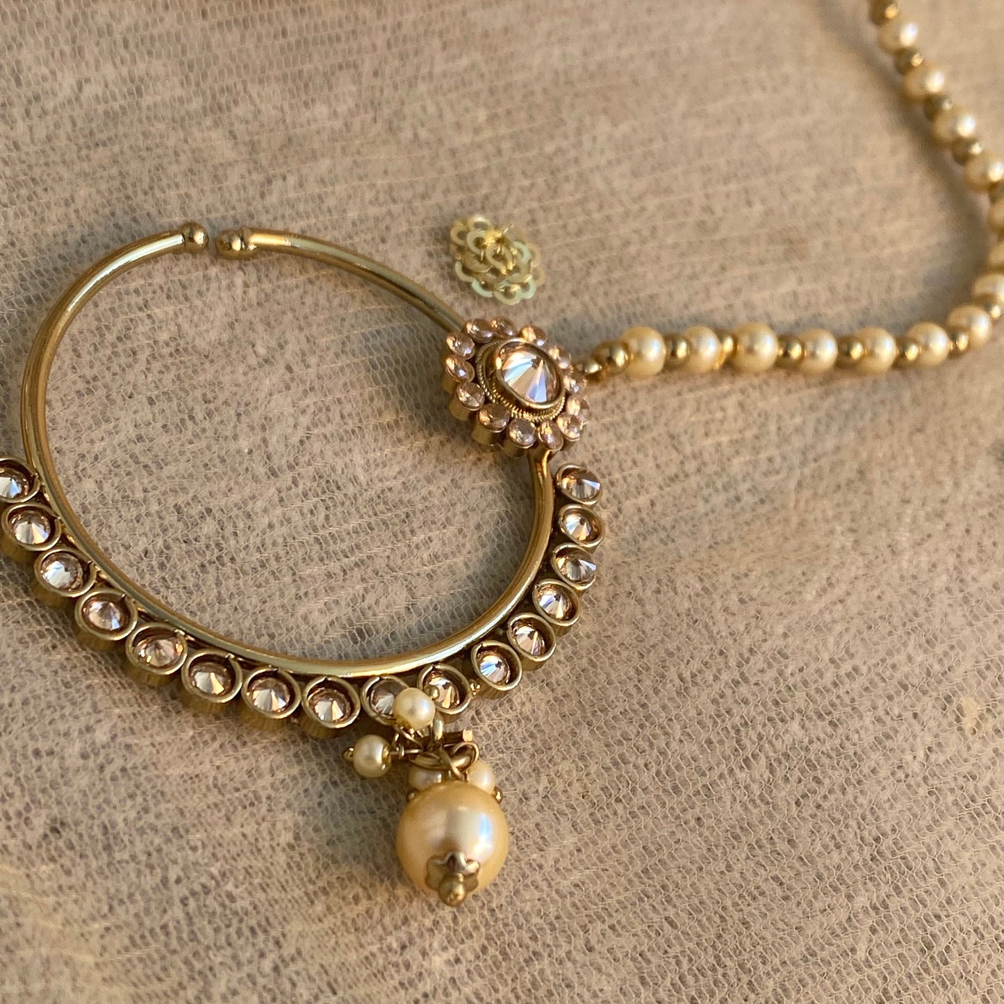 Gold/Pearl Bridal Set with Nose Ring Indian/ Pakistani Style/ Wedding/ Fashion Jewellery/ Necklace set