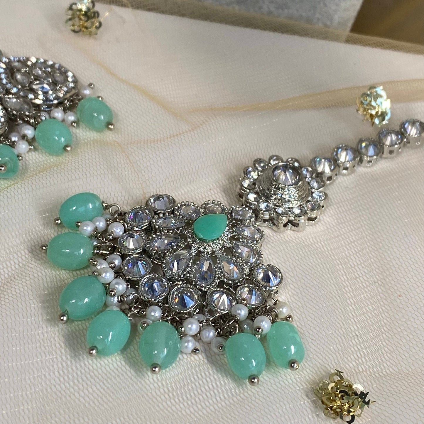 Silver and Mint Bridal Necklace Set Indian/ Pakistani Style/ Wedding/ Fashion Jewellery/ Necklace set