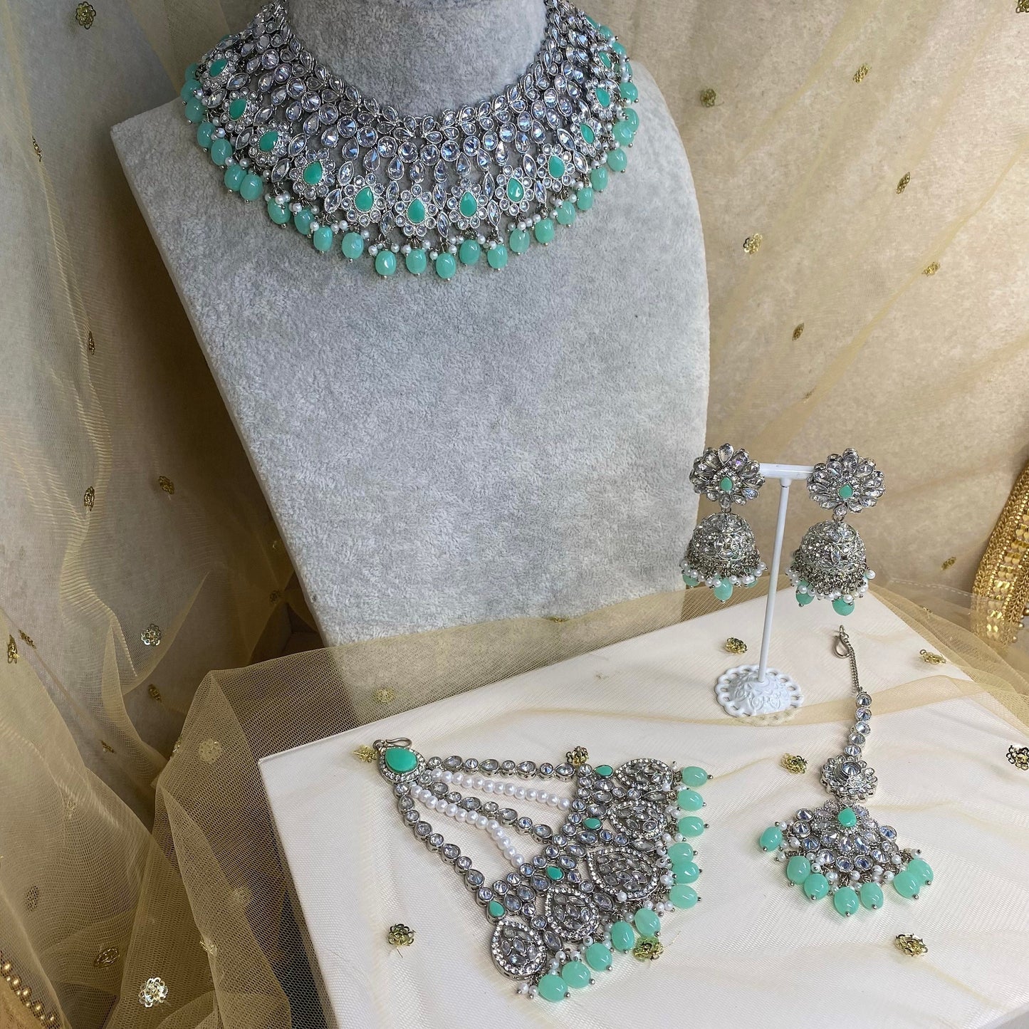 Silver and Mint Bridal Necklace Set Indian/ Pakistani Style/ Wedding/ Fashion Jewellery/ Necklace set