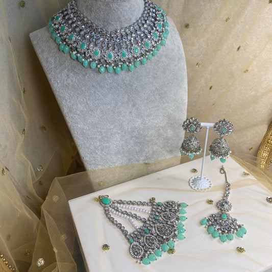 Silver and Mint Bridal Necklace Set Indian/ Pakistani Style/ Wedding/ Fashion Jewellery/ Necklace set