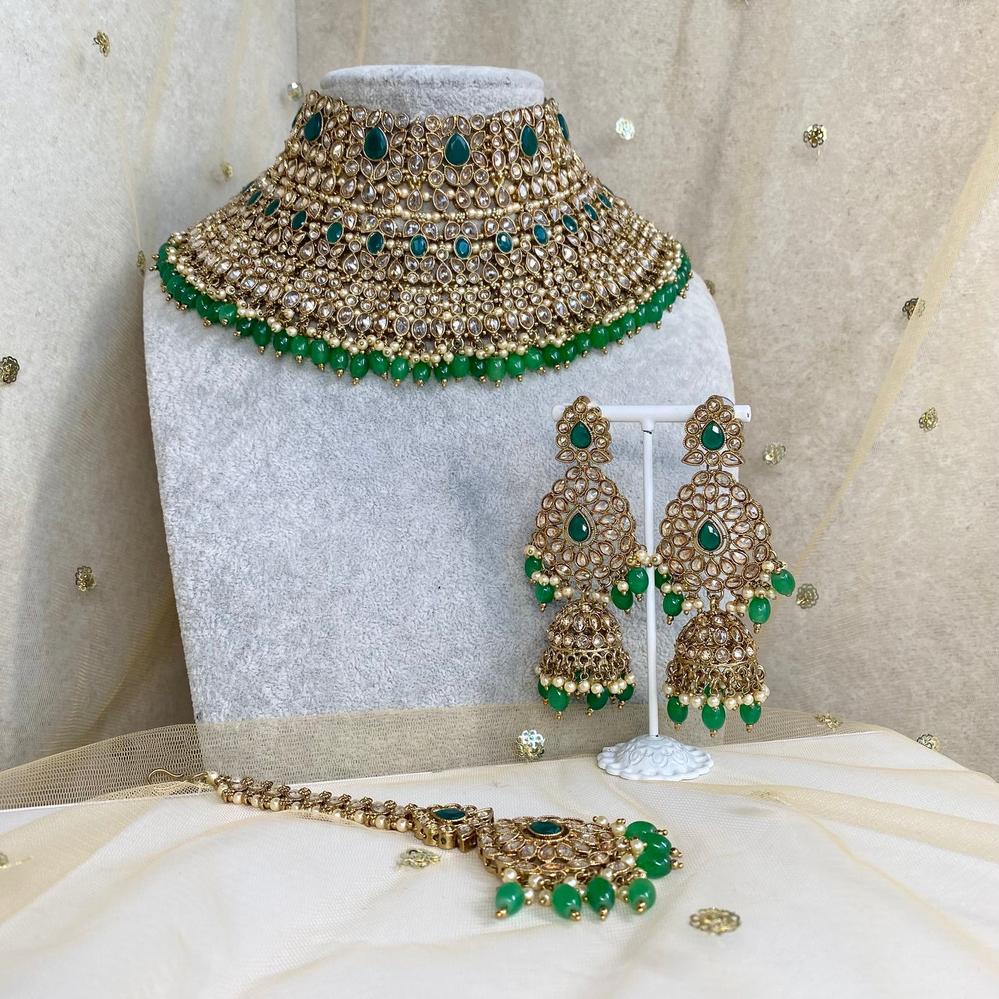 Green Bridal Necklace set Indian/ Pakistani Style/ Wedding/ Fashion Jewellery/ Necklace set
