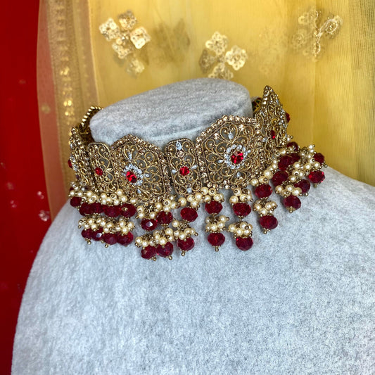 Maroon & Antique Gold Choker Set