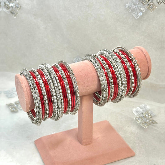 Red/Silver Bangle Set/Indian/ Pakistani/Jewelley/ Fashion Bracelet