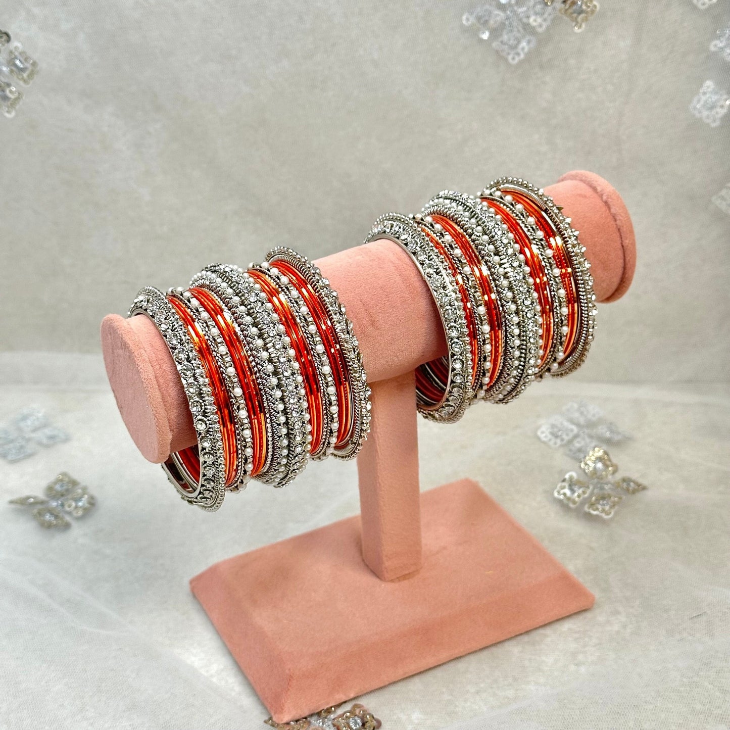 Orange/Silver Bangle Set/Indian/ Pakistani/Jewelley/ Fashion Bracelet
