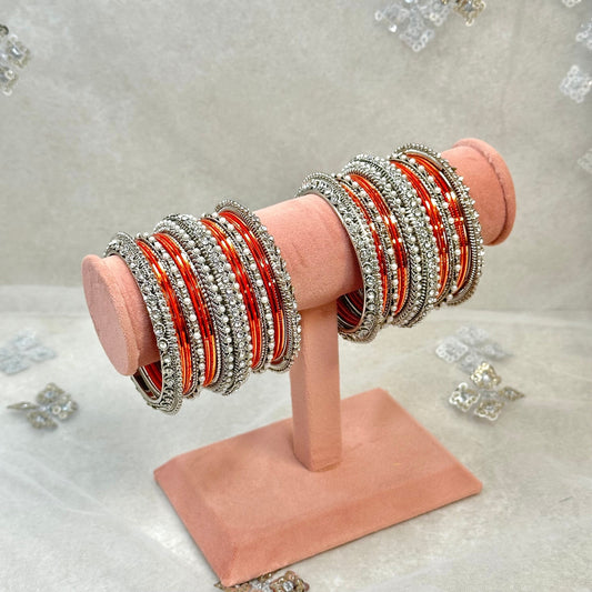 Orange/Silver Bangle Set/Indian/ Pakistani/Jewelley/ Fashion Bracelet