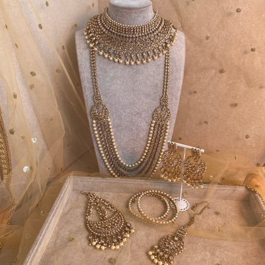 Antique Gold and Champagne Bridal set Indian/ Pakistani Style With Necklace, Long necklace/ Mala/ Earring Tikka/ Tikli, Jhumar/Jhoomar.