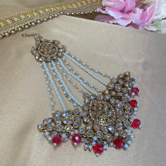 Antique Gold Jhumar - Red/ Passa/ Indian/ Pakistani Style/Headpieces