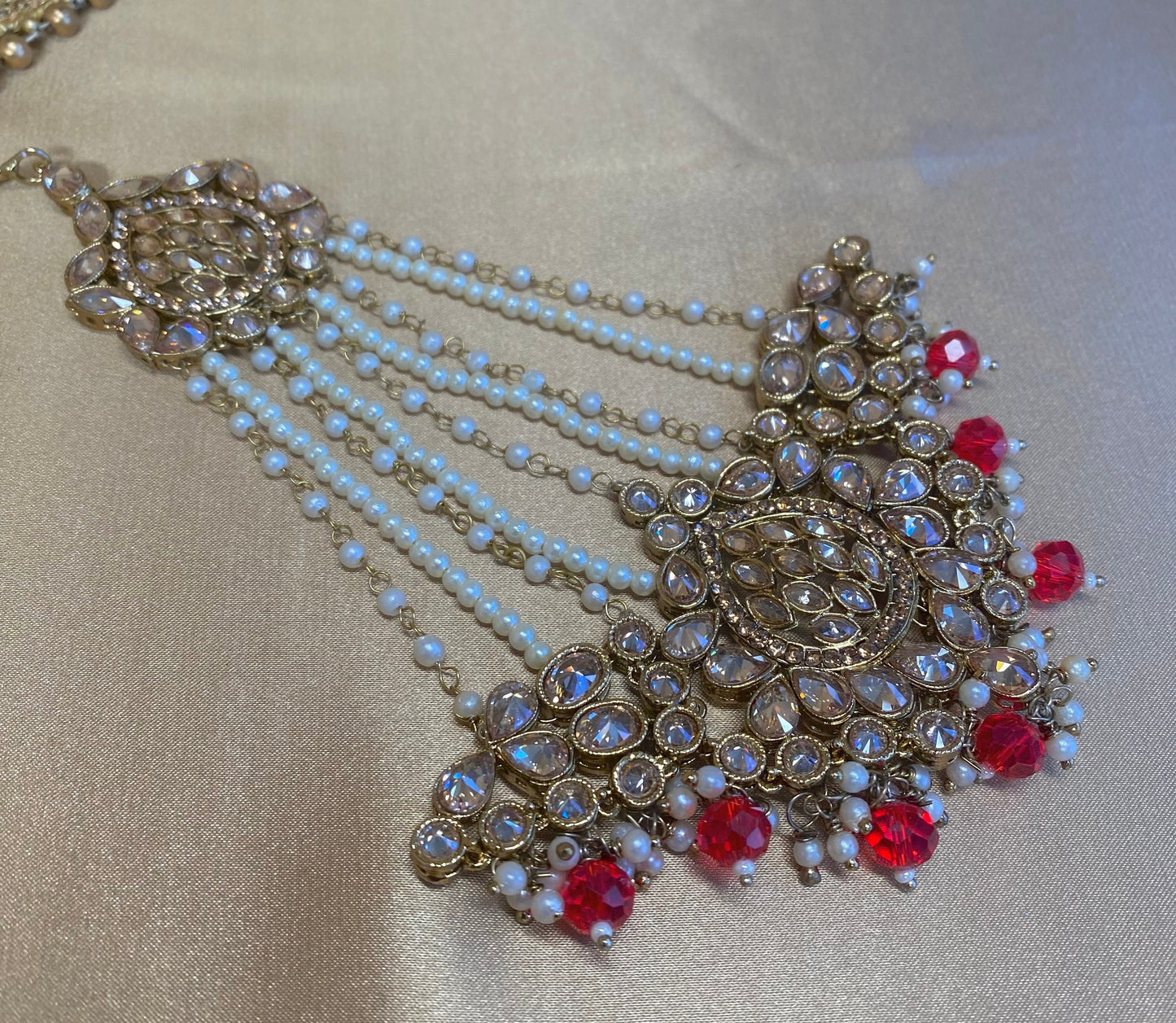 Antique Gold Jhumar - Red/ Passa/ Indian/ Pakistani Style/Headpieces