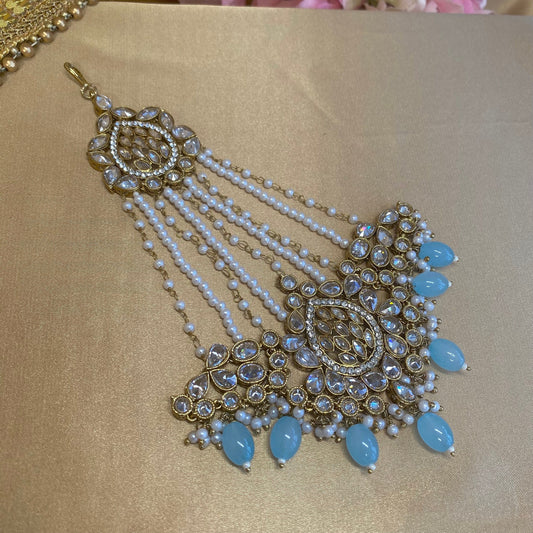 Antique Gold Jhumar - Light Blue/ Passa/ Indian/ Pakistani Style/Headpieces