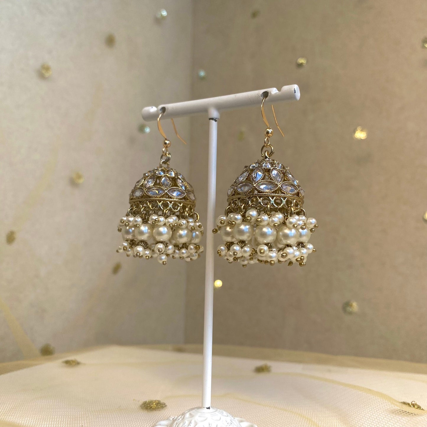 Gold Pierced Jhumki/ Pearl Jhumka Earring/ Off White Pearl
