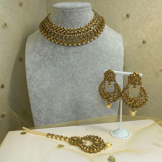 Golden Necklace Set Earring/ Tikka/ Tikli/ Indian/ Pakistani/Fashion Jewellery/ Gift for Women