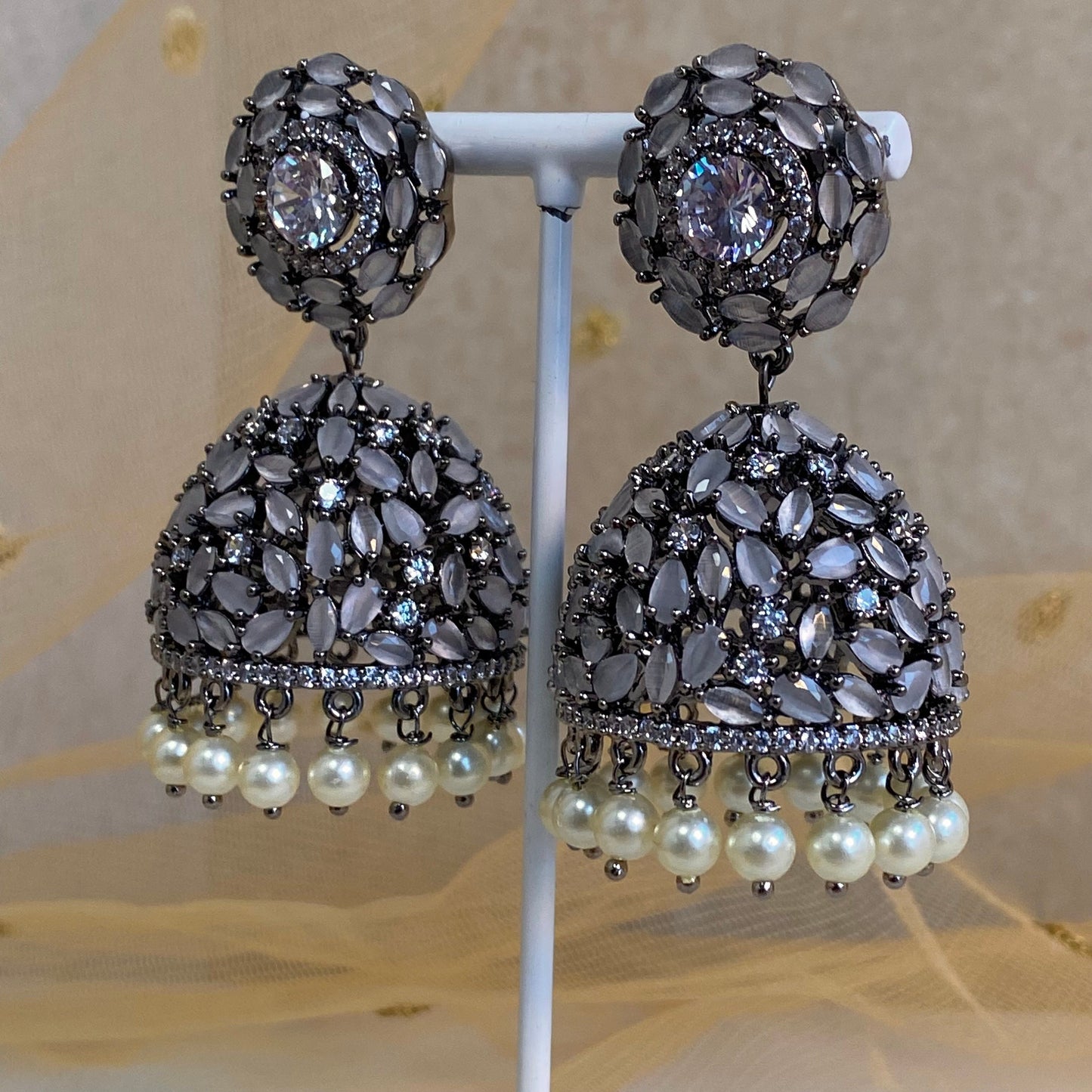 Grey Diamante Medium Jhumka Earrings/ Fashion Jewellery/ Gift for Women/Indian/Pakistani style