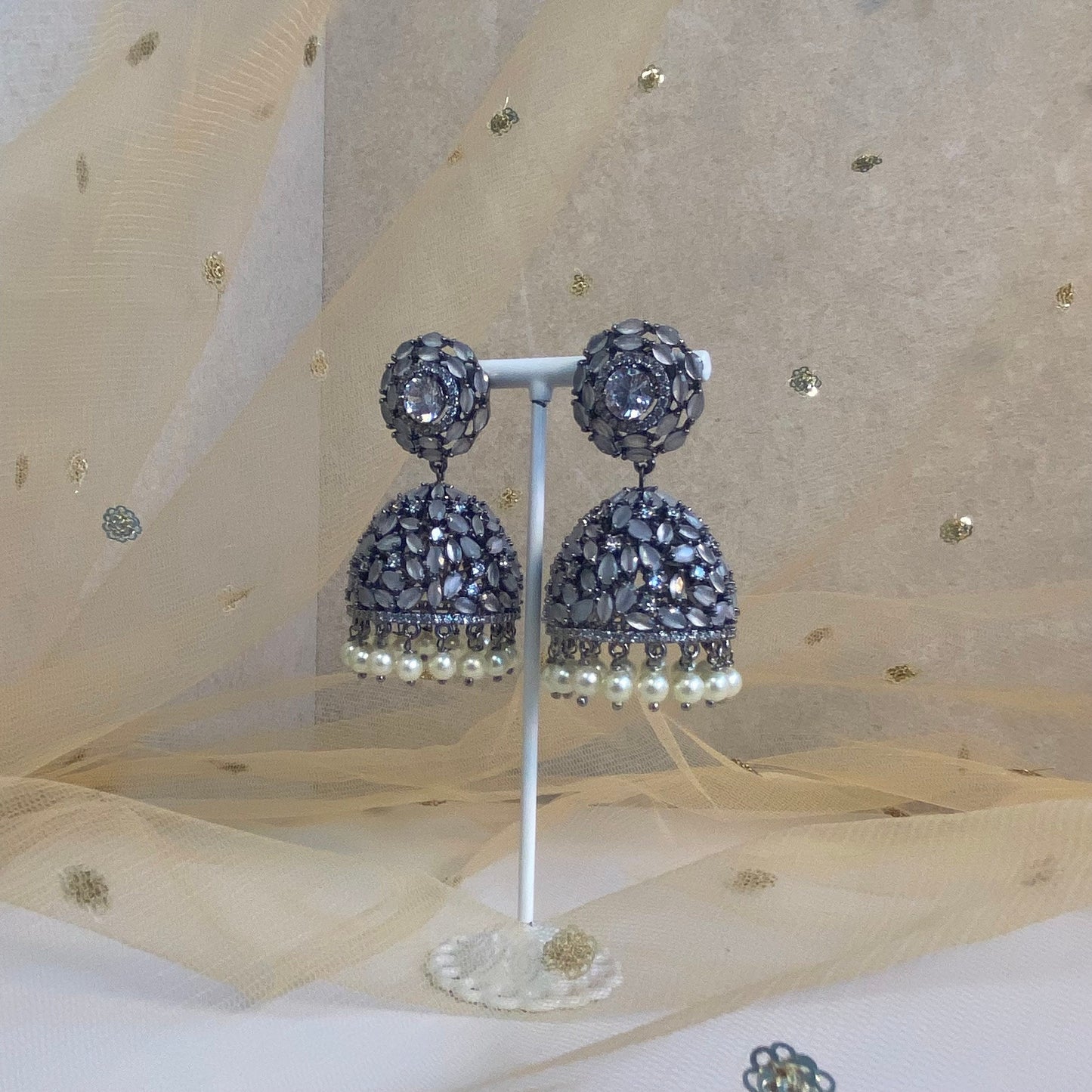 Grey Diamante Medium Jhumka Earrings/ Fashion Jewellery/ Gift for Women/Indian/Pakistani style