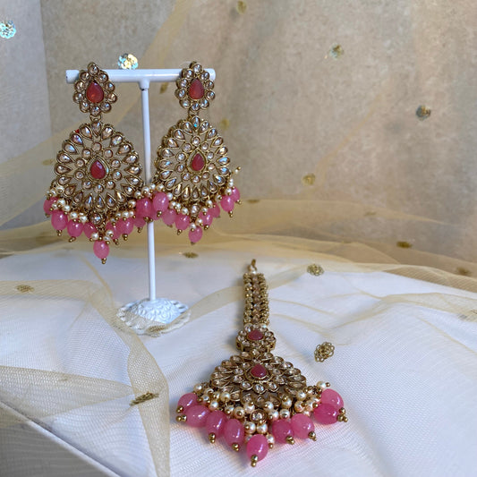 Large Earring and Tikka Set- Pink/ Earring Indian/ Pakistani Style/ Jhumki/ Tikli