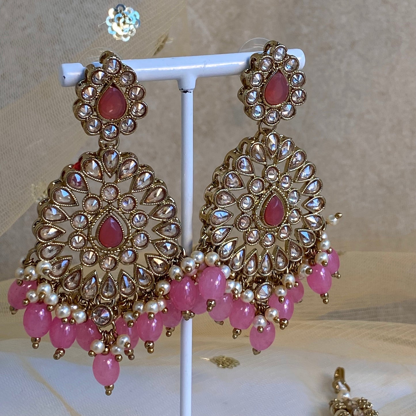 Large Earring and Tikka Set- Pink/ Earring Indian/ Pakistani Style/ Jhumki/ Tikli