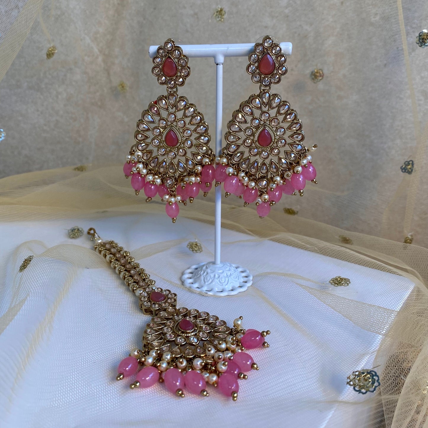 Large Earring and Tikka Set- Pink/ Earring Indian/ Pakistani Style/ Jhumki/ Tikli