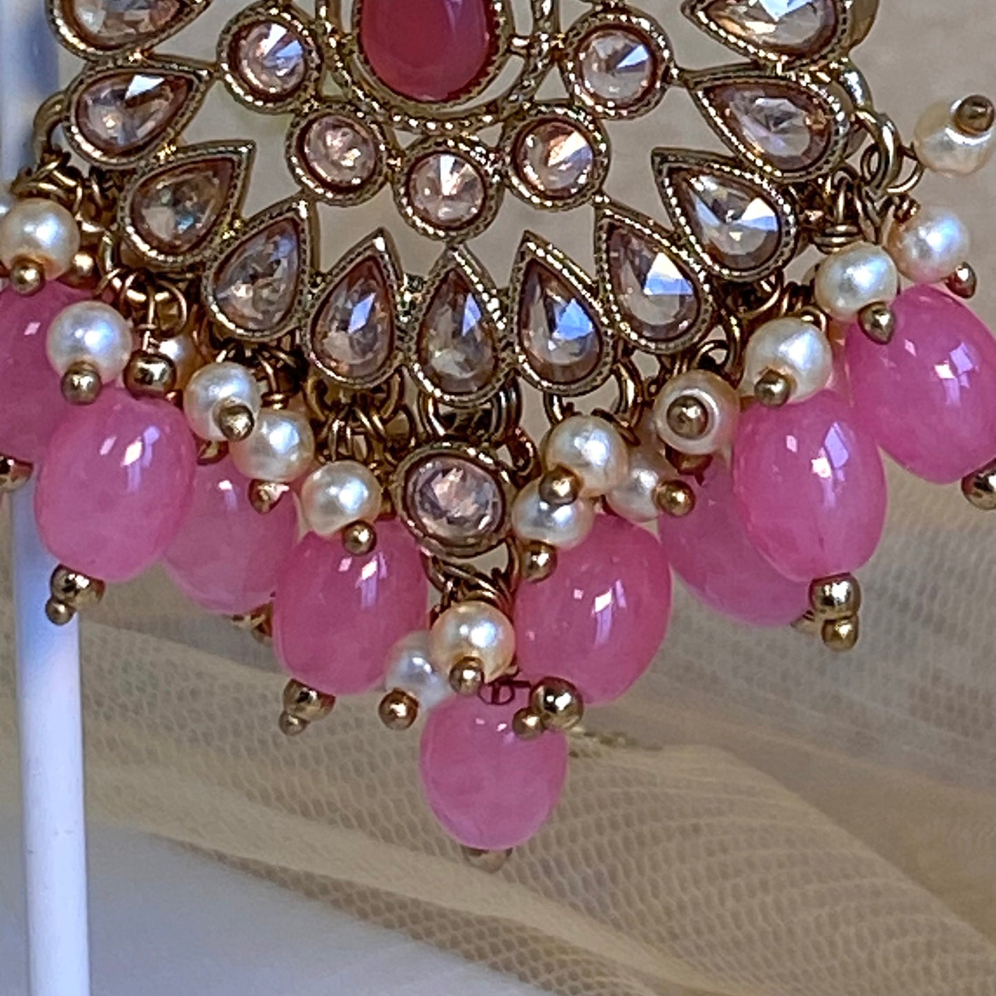 Large Earring and Tikka Set- Pink/ Earring Indian/ Pakistani Style/ Jhumki/ Tikli