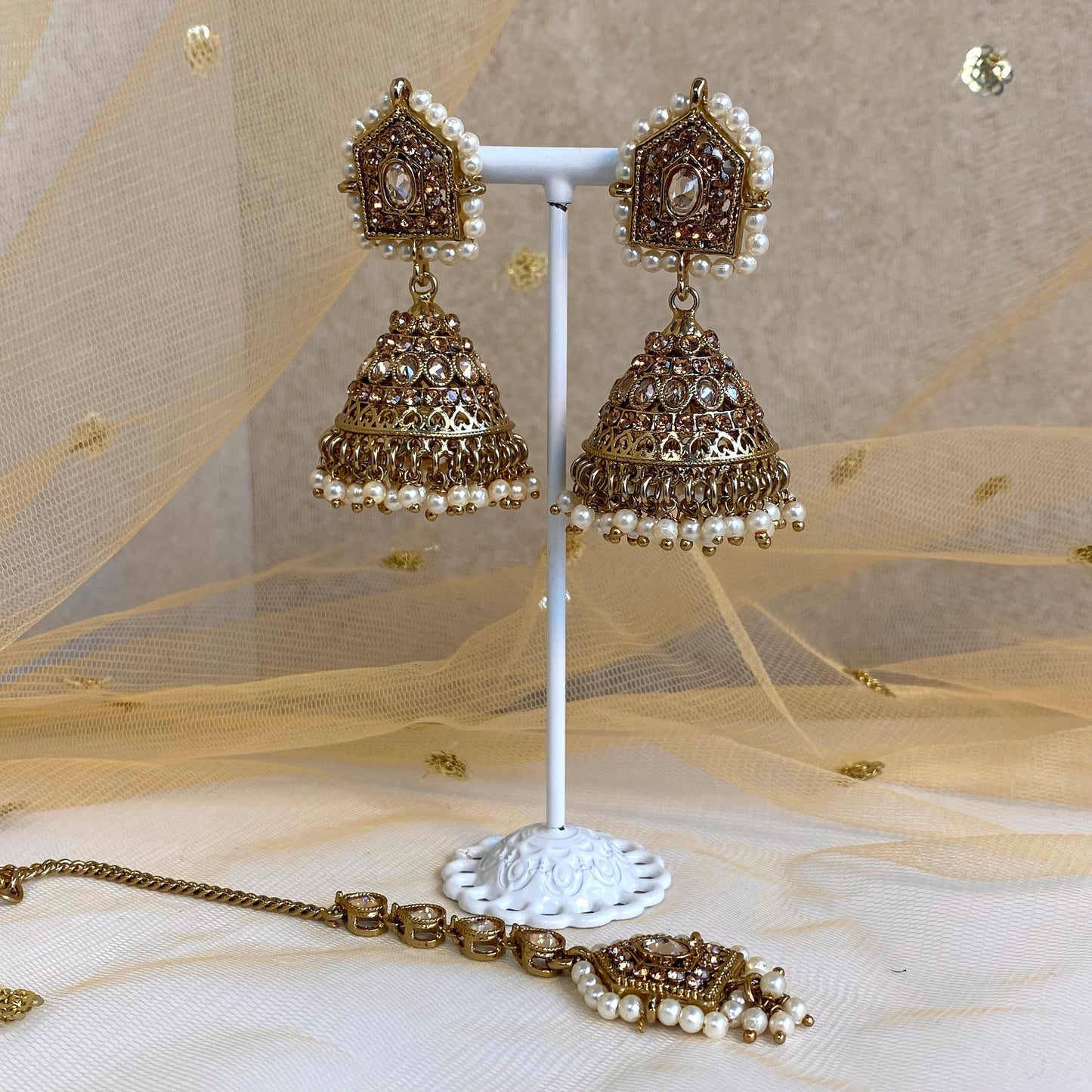 Golden Jhumka Earring and Tikka Set