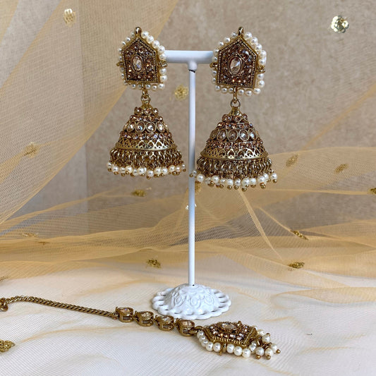 Golden Jhumka Earring and Tikka Set