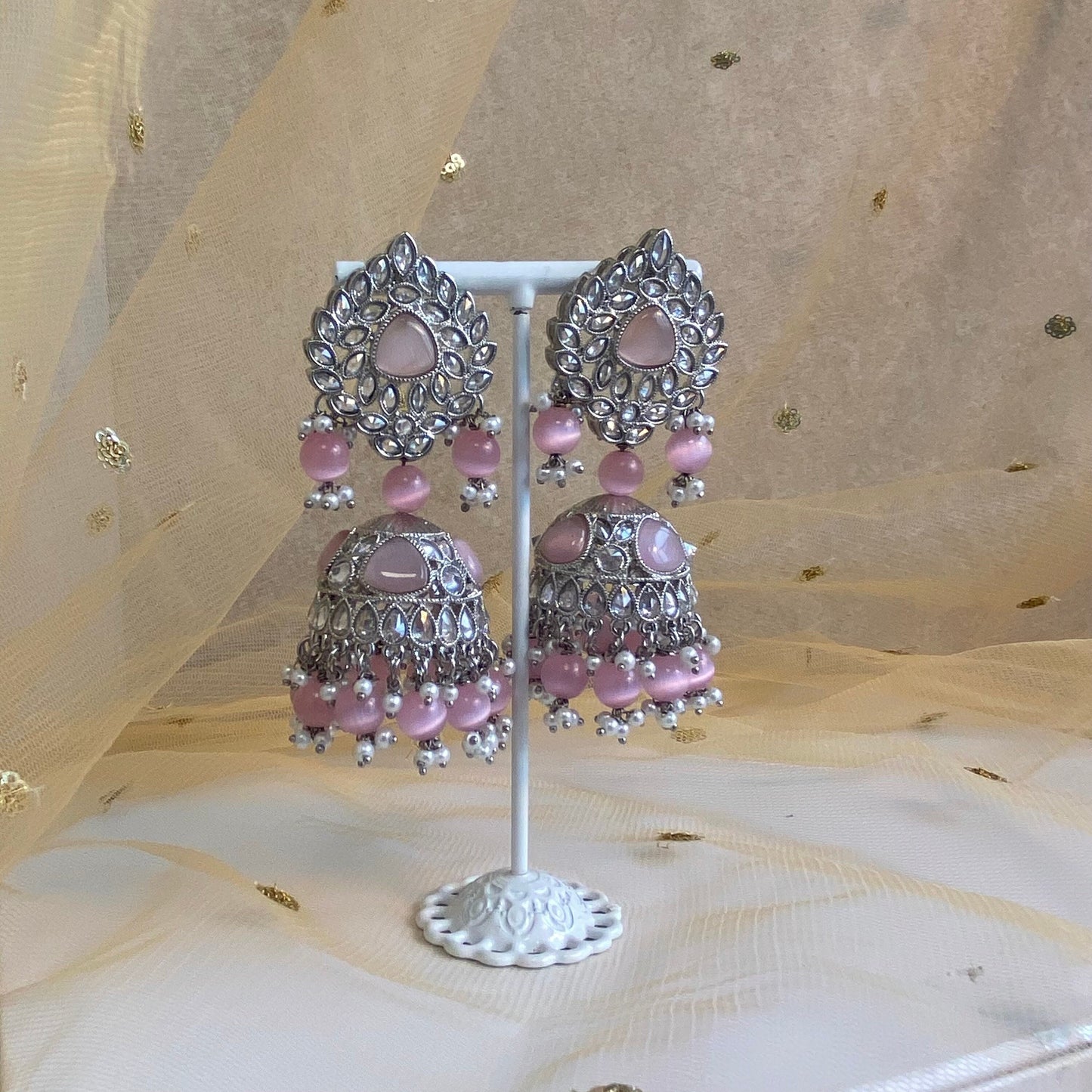 Silver Jhumka Earrings - Pink
