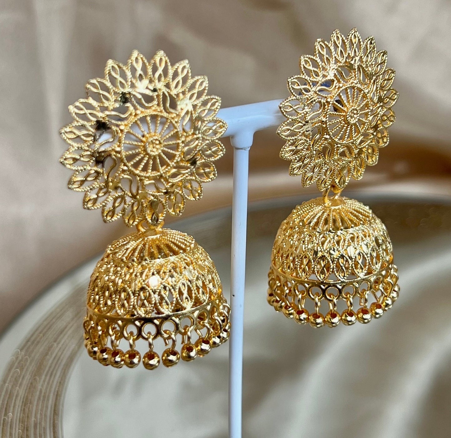Bright Gold Flower Jhumka Earrings/ Fashion Jewellery/ Gift for Women/Indian/Pakistani style