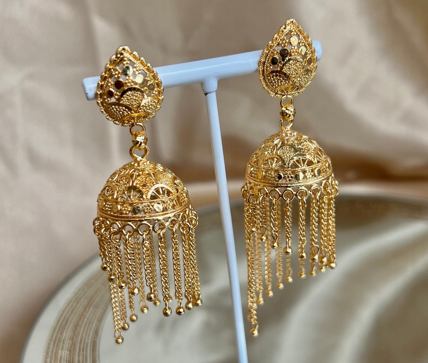 Bright Gold Tassel Jhumka Earrings/ / Indian Style Earring