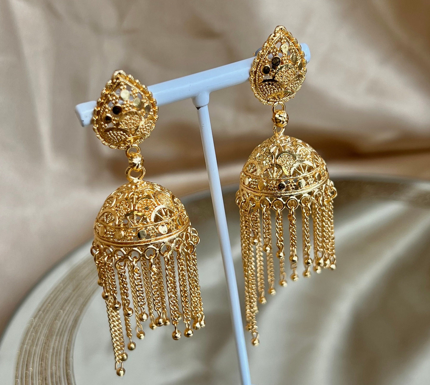 Bright Gold Tassel Jhumka Earrings/ / Indian Style Earring