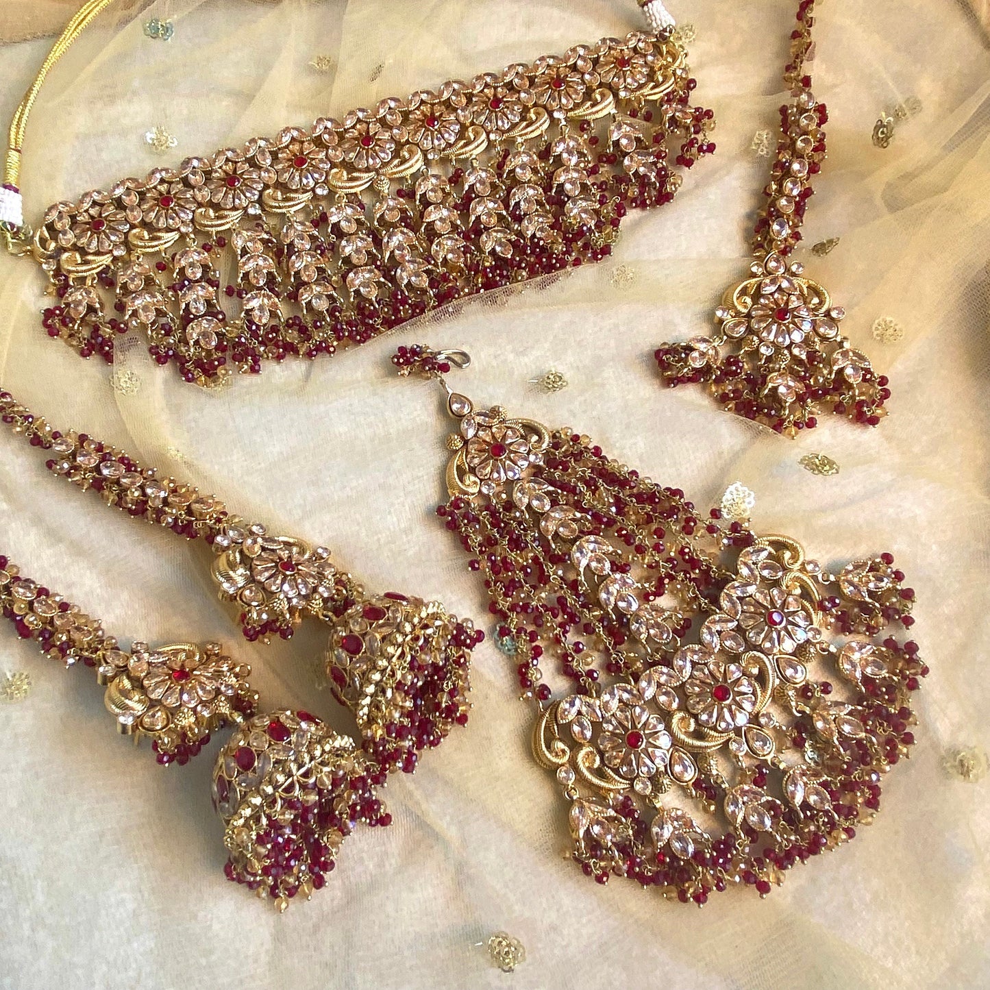 Gold Plated Maroon Bridal Choker Set- With Choker, Jhumka Earring, Tikka, Jhumar/ Indian/ Pakistani Style/ With Jhumar