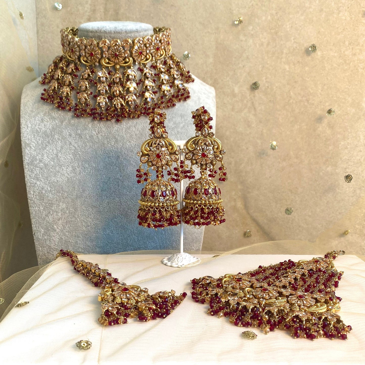 Gold Plated Maroon Bridal Choker Set- With Choker, Jhumka Earring, Tikka, Jhumar/ Indian/ Pakistani Style/ With Jhumar