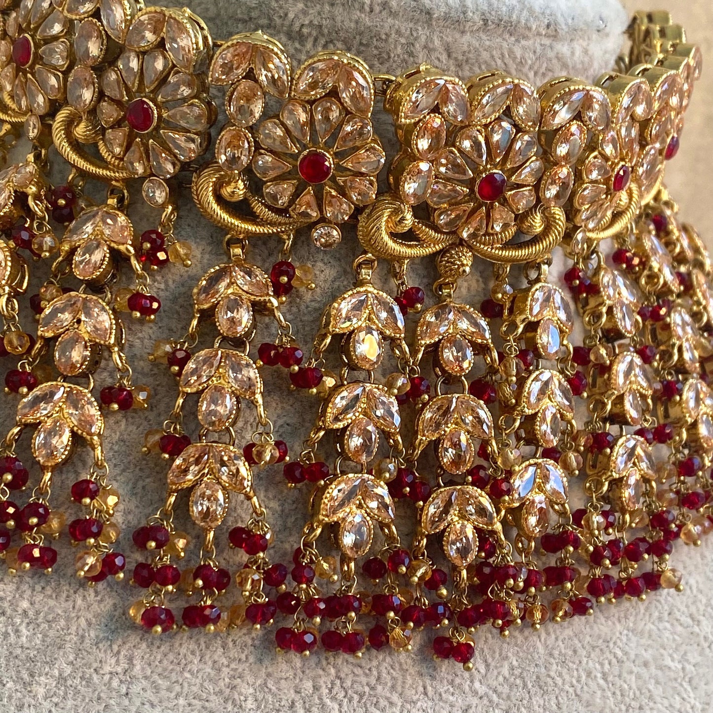 Gold Plated Maroon Bridal Choker Set- With Choker, Jhumka Earring, Tikka, Jhumar/ Indian/ Pakistani Style/ With Jhumar