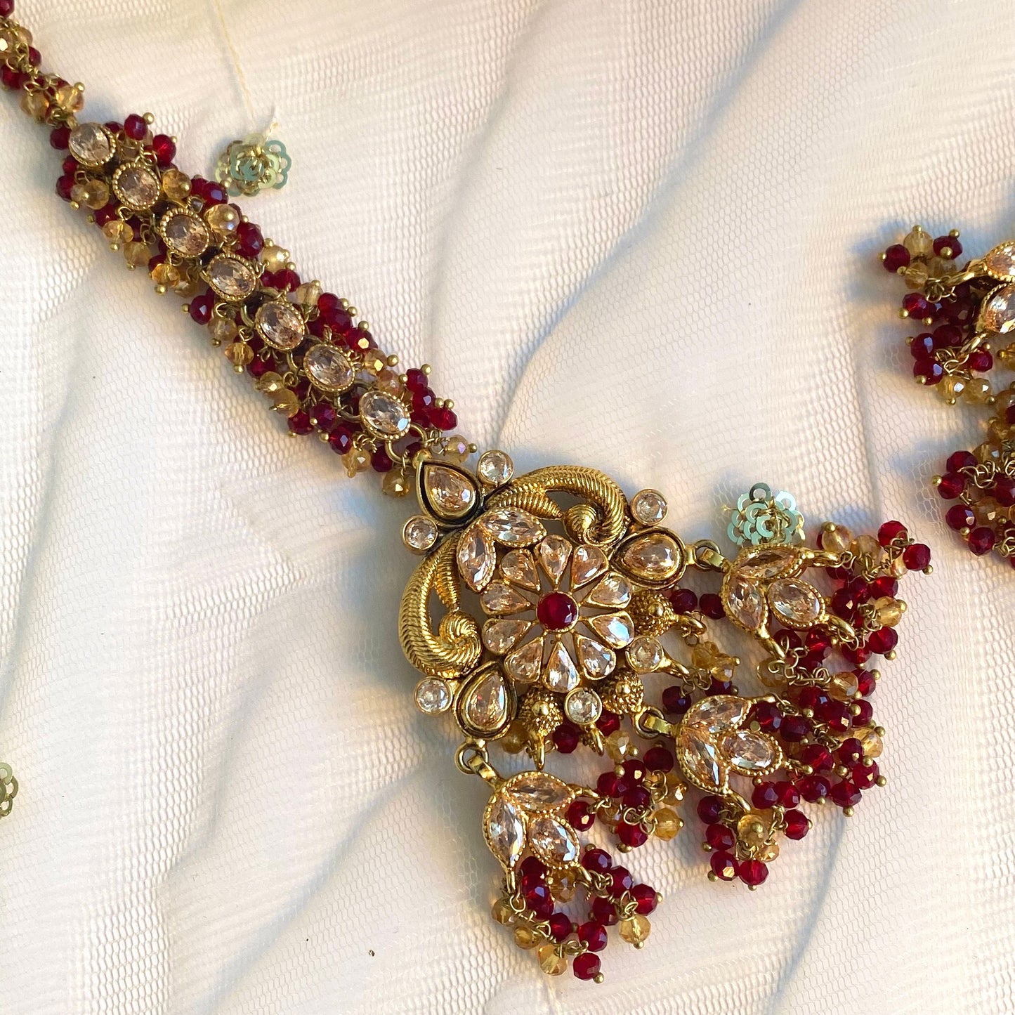 Gold Plated Maroon Bridal Choker Set- With Choker, Jhumka Earring, Tikka, Jhumar/ Indian/ Pakistani Style/ With Jhumar