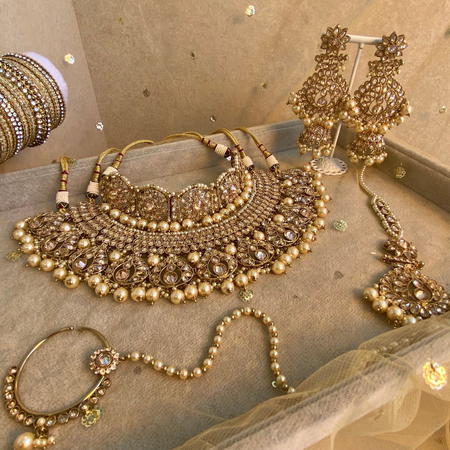 Gold/Pearl Bridal Set with Nose Ring Indian/ Pakistani Style/ Wedding/ Fashion Jewellery/ Necklace set