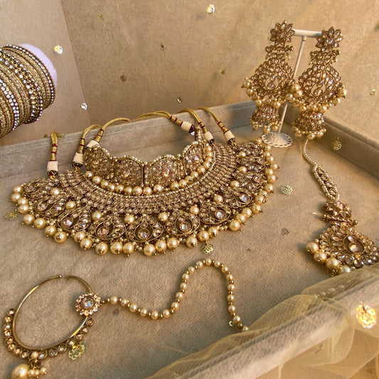 Gold/Pearl Bridal Set with Nose Ring Indian/ Pakistani Style/ Wedding/ Fashion Jewellery/ Necklace set