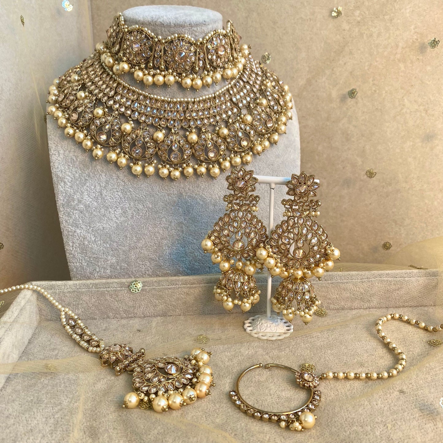 Gold/Pearl Bridal Set with Nose Ring Indian/ Pakistani Style/ Wedding/ Fashion Jewellery/ Necklace set