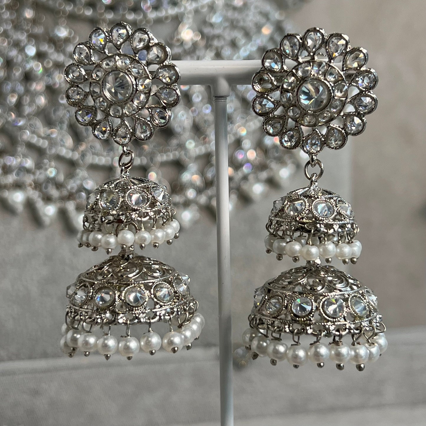 Silver Bridal Set - Pearl Indian/ Pakistani Style With Jhumka earring, Tikka/Tikli, Jhumar/jhoomar/ Wedding/ Fashion Jewellery/ Necklace set