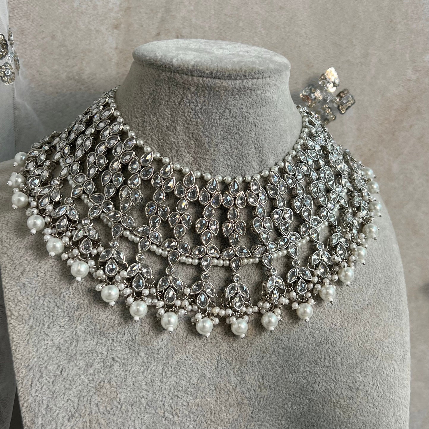 Silver Bridal Set - Pearl Indian/ Pakistani Style With Jhumka earring, Tikka/Tikli, Jhumar/jhoomar/ Wedding/ Fashion Jewellery/ Necklace set