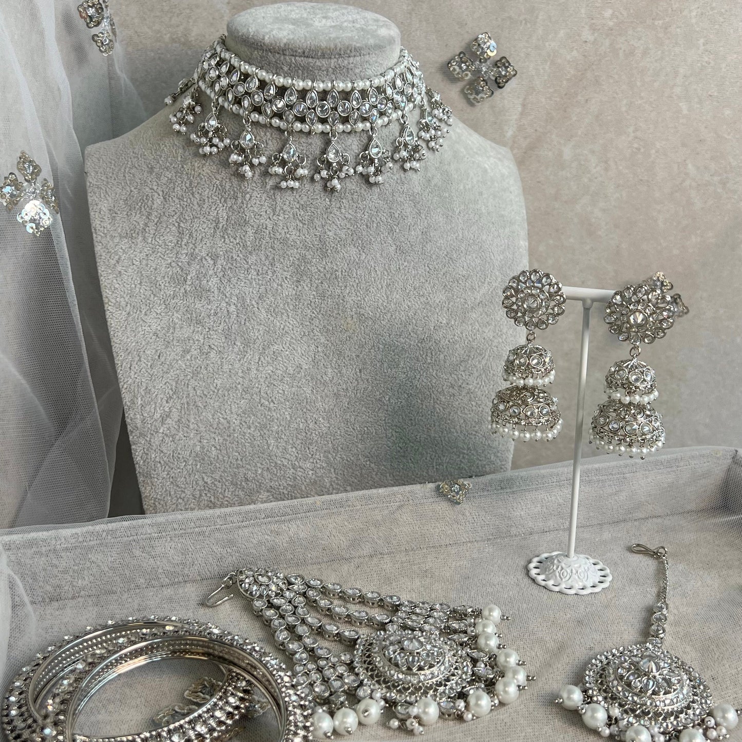 Silver Bridal Set - Pearl Indian/ Pakistani Style With Jhumka earring, Tikka/Tikli, Jhumar/jhoomar/ Wedding/ Fashion Jewellery/ Necklace set