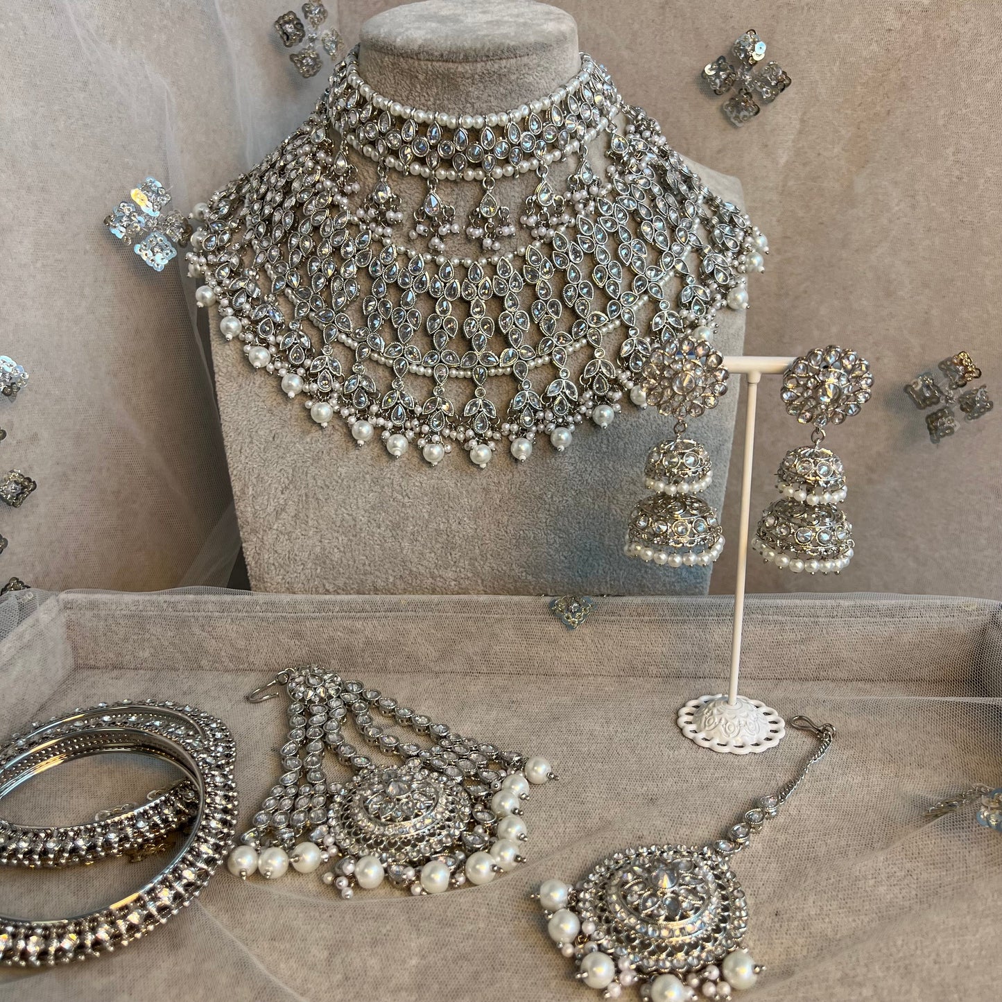 Silver Bridal Set - Pearl Indian/ Pakistani Style With Jhumka earring, Tikka/Tikli, Jhumar/jhoomar/ Wedding/ Fashion Jewellery/ Necklace set