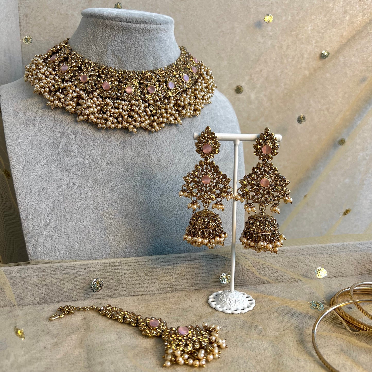 Pink Necklace Set - Jhumka Earring Earring/ Tikka/ Tikli/ Indian/ Pakistani/Fashion Jewellery/ Gift for Women